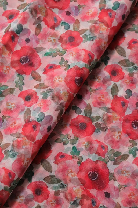 Red And Pink Floral Pattern Digital Print On White Organza Fabric