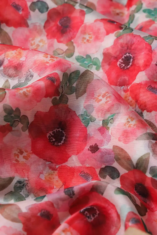Red And Pink Floral Pattern Digital Print On White Organza Fabric
