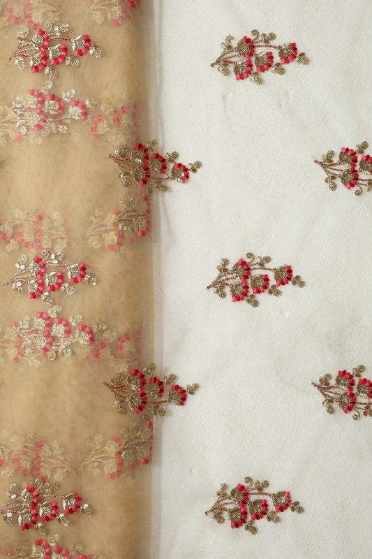 Red And Pink Thread With Gold Sequins Floral Embroidery On Beige Soft Net Fabric