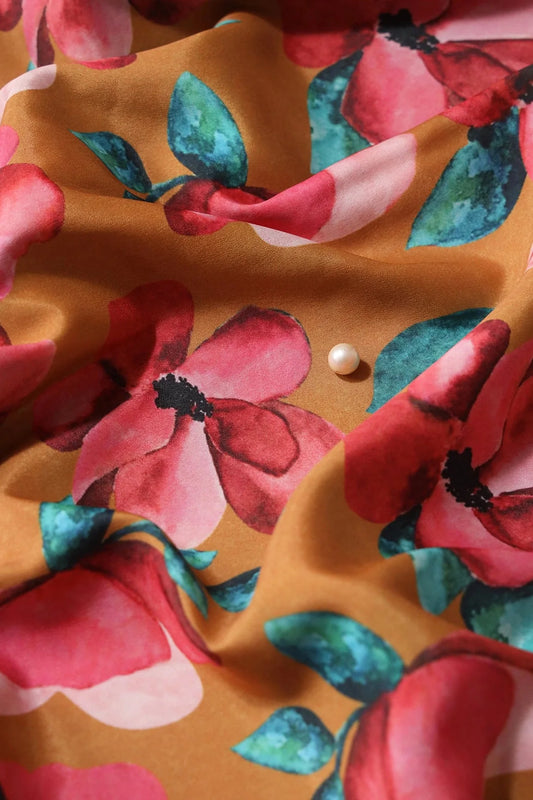 Red And Turquoise  Floral Digital Print On Mustard Yellow Crepe Fabric