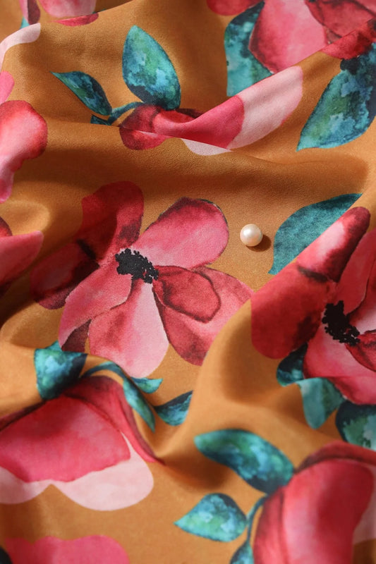 Red And Turquoise  Floral Digital Print On Mustard Yellow Crepe Fabric