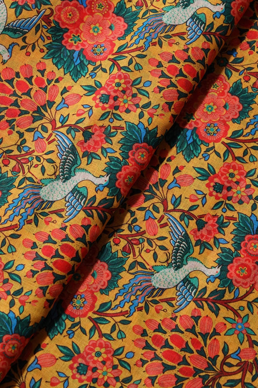 Red And Yellow Floral Digital Print On Poly Linen Fabric