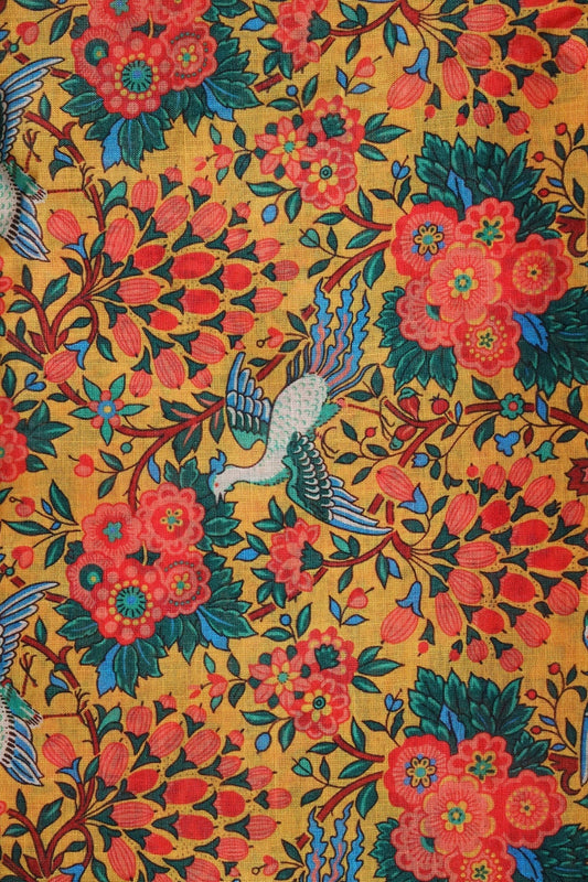 Red And Yellow Floral Digital Print On Poly Linen Fabric