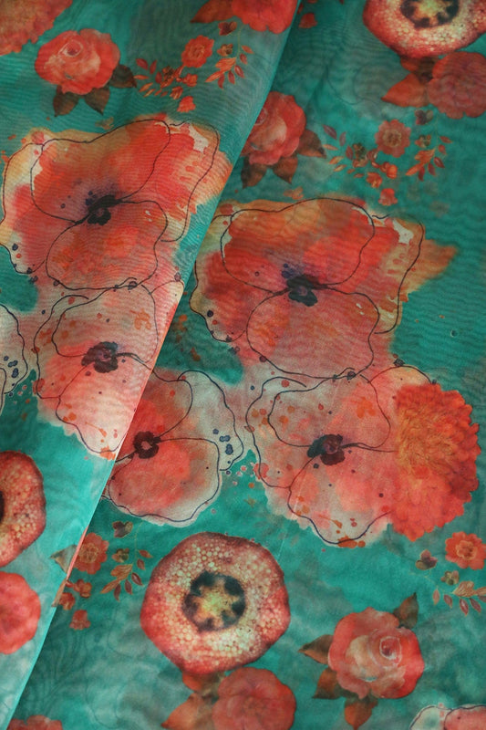 Red Beautiful Floral Digital Print On Pine Green Organza Fabric