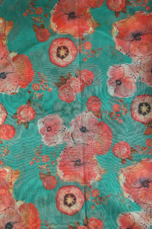 Red Beautiful Floral Digital Print On Pine Green Organza Fabric