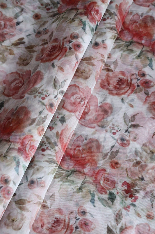 Red Beautiful Floral Digital Print On White Organza Fabric