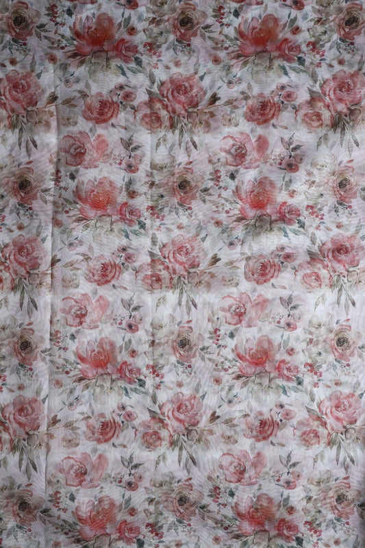 Red Beautiful Floral Digital Print On White Organza Fabric