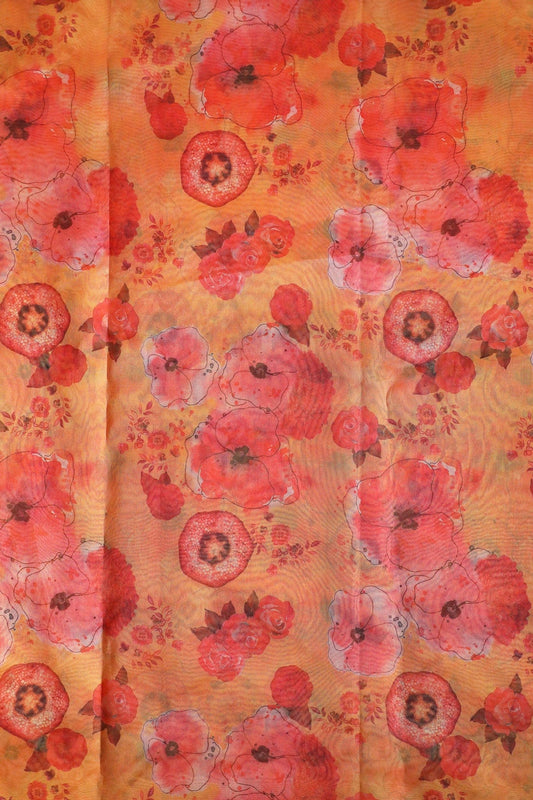 Red Beautiful Floral Digital Print On Yellow Ochre Organza Fabric