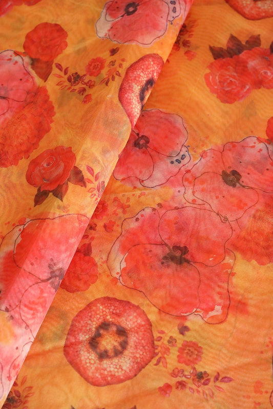 Red Beautiful Floral Digital Print On Yellow Ochre Organza Fabric