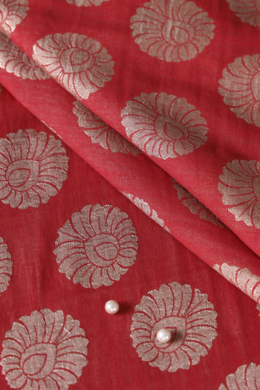 Red Ethnic Butta Pure Taspa Zari Banarasi Jacquard Fabric