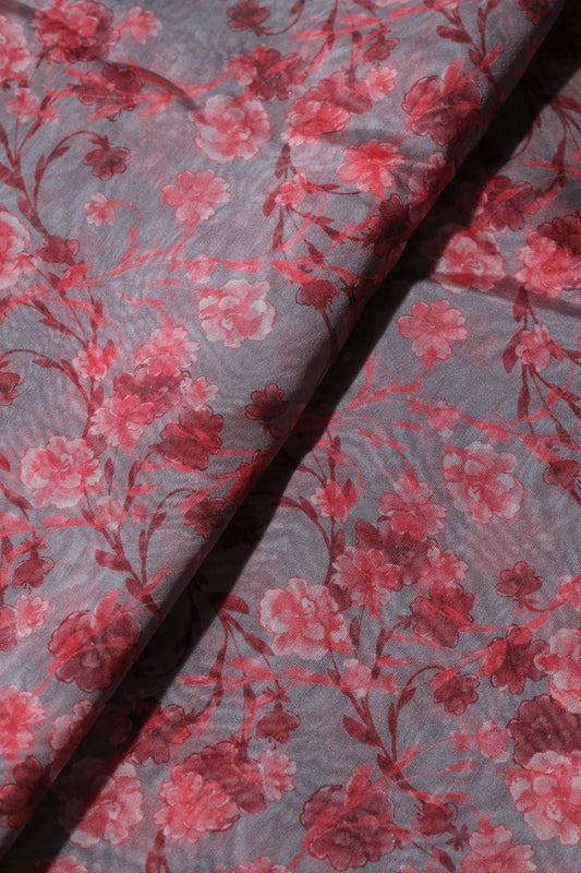 Red Floral Pattern Digital Print On Grey Organza Fabric