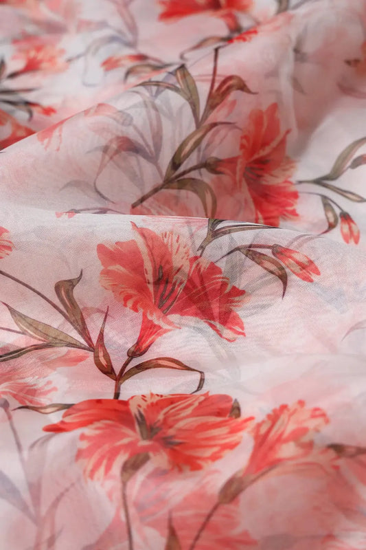 Red Floral Pattern Digital Print On White Organza Fabric