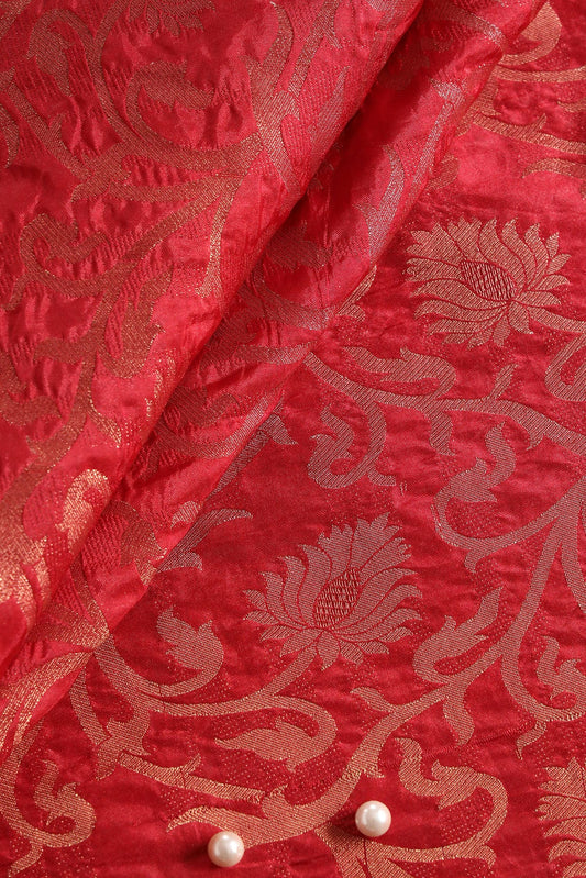 Red Floral Silk Gold Zari Banarasi Jacquard Fabric