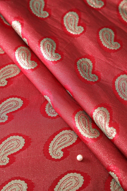 Red Paisley Jute Banarasi Gold Zari Jacquard Fabric