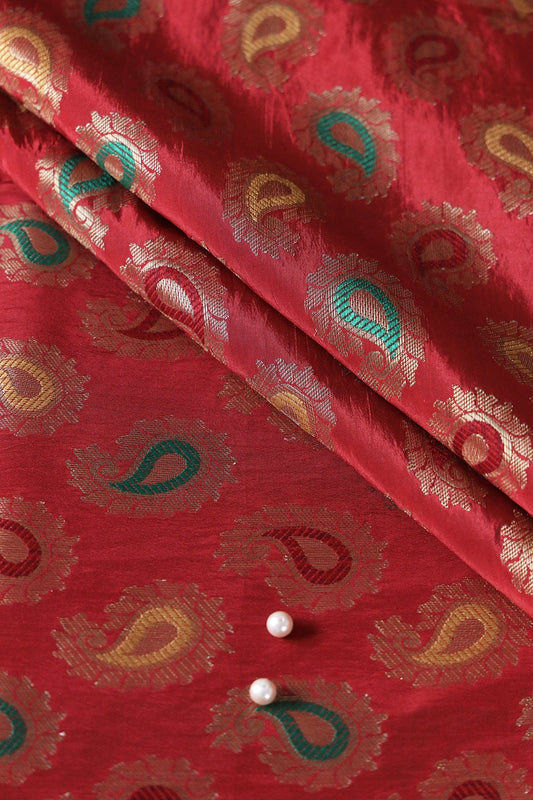 Red Paisley Silk Gold Zari Banarasi Jacquard Fabric
