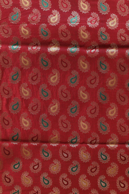 Red Paisley Silk Gold Zari Banarasi Jacquard Fabric