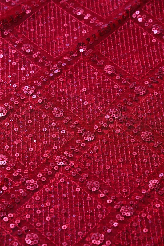 Red Sequins Checks Embroidery On Red Soft Net Fabric