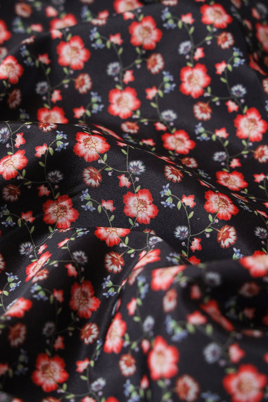 Red Small Floral Pattern Digital Print On Black French Crepe Fabric