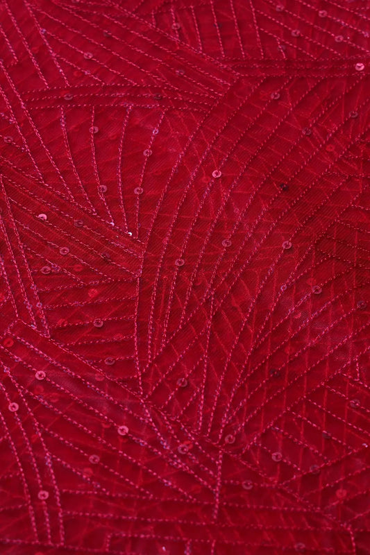 Red Small Sequins Geometric Embroidery On Red Soft Net Fabric
