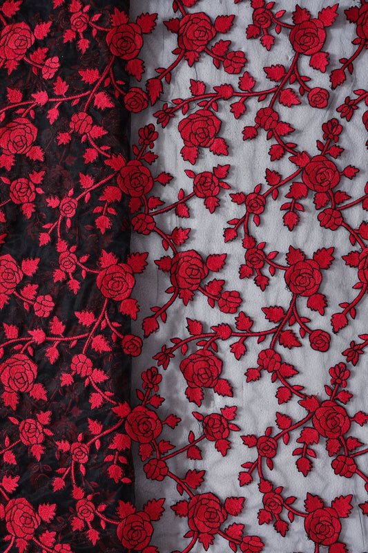 Red Thread Floral Heavy Embroidery Work On Black Soft Net Fabric
