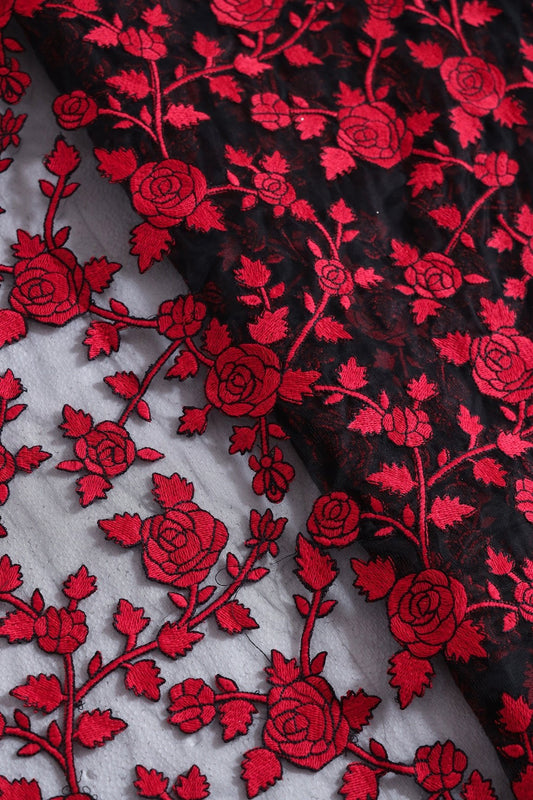 Red Thread Floral Heavy Embroidery Work On Black Soft Net Fabric