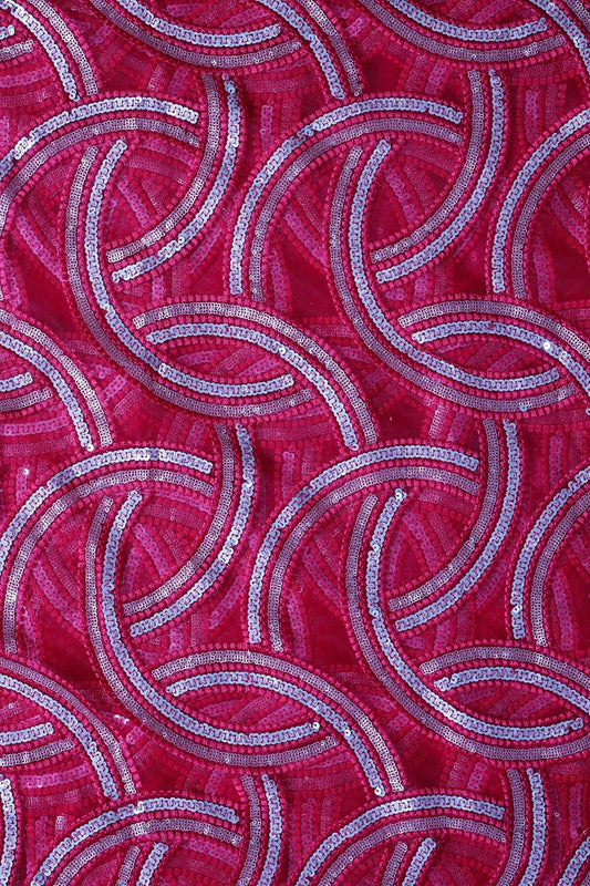 Red Thread With Gold And Silver Sequins Geometric Embroidery On Cherry Red Soft Net Fabric