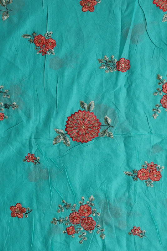 Red Thread With Gold Sequins Floral Embroidery On Turquoise Muslin Silk Fabric