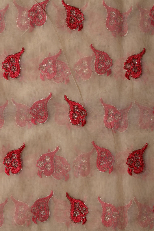Red Thread With Gold Sequins Leafy Embroidery Work On Beige Soft Net Fabric