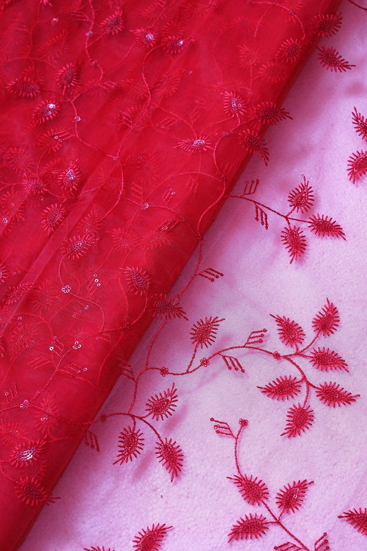 Red Thread With Water Sequins Beautiful Leafy Embroidery On Red Soft Net Fabric