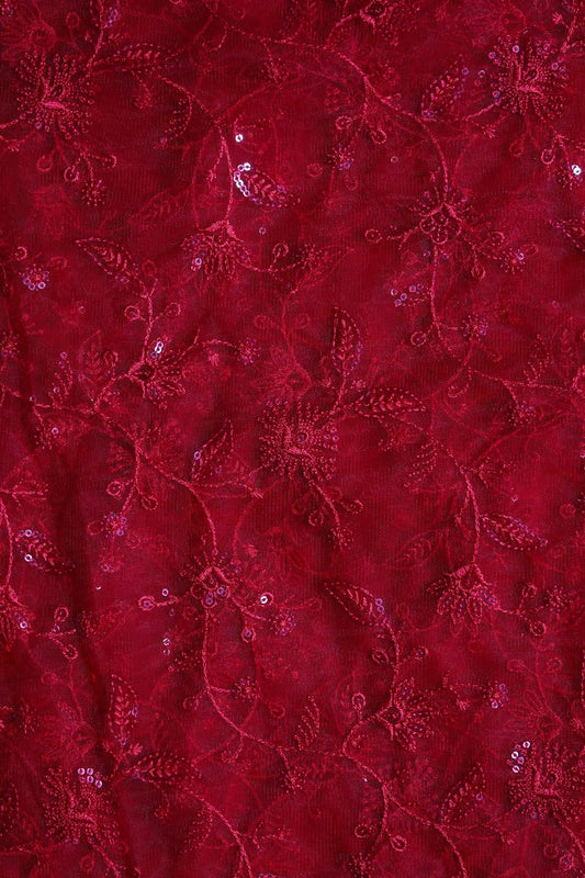 Red Thread With Water Sequins Floral Embroidery On Red Soft Net Fabric