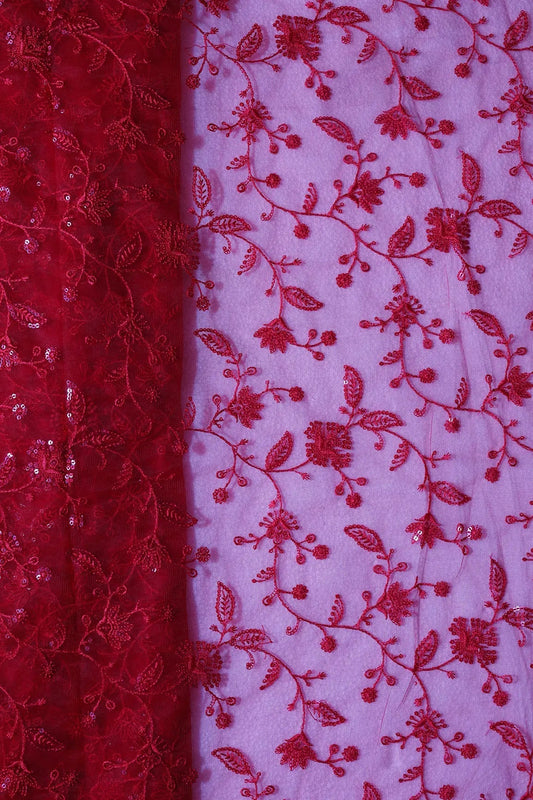 Red Thread With Water Sequins Floral Embroidery On Red Soft Net Fabric