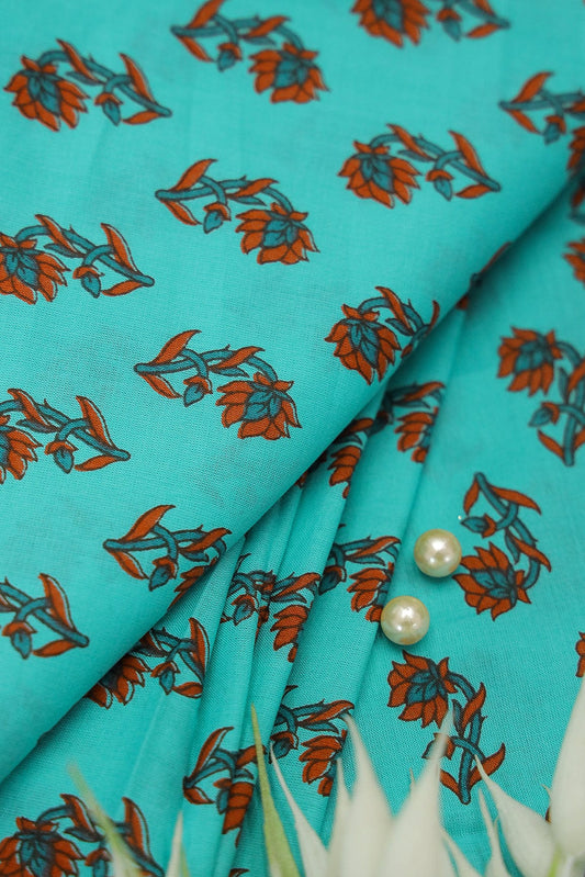 Sea Blue Floral Motif Screen Print on organic Cotton Fabric