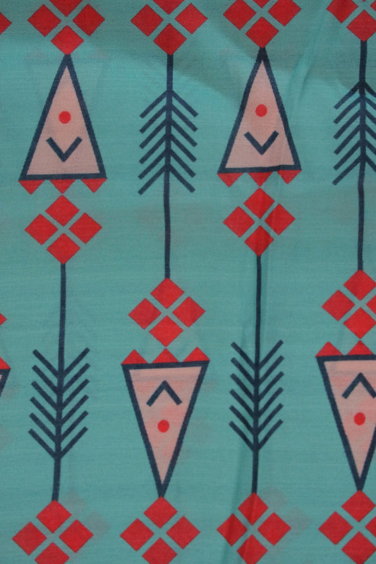 Sea Blue Geometric Digital Print on Tussar Satin Fabric