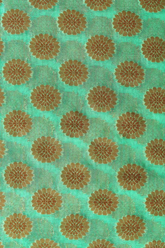 Sea Green Floral Pure Net Gold Zari Banarasi Jacquard Fabric