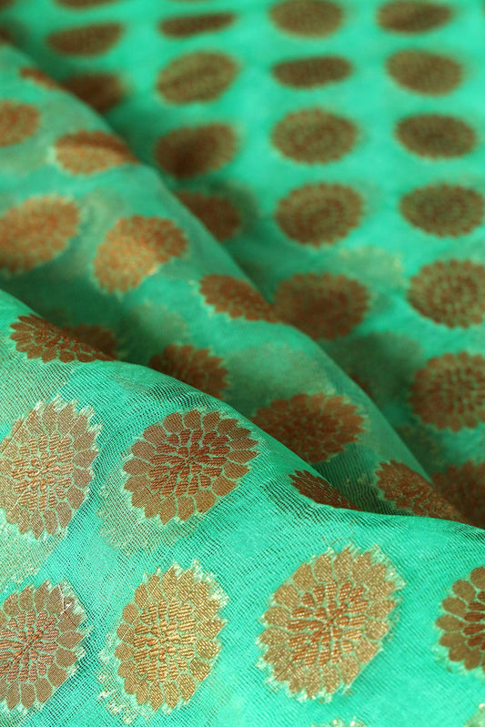 Sea Green Floral Pure Net Gold Zari Banarasi Jacquard Fabric