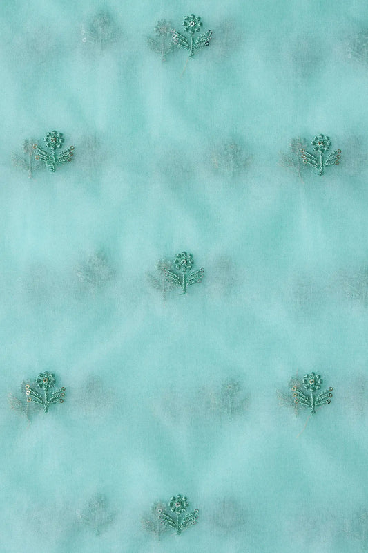 Sea Green Thread With Sequins Beautiful Small Floral Motif Embroidery Work On Sea Green Organza Fabric