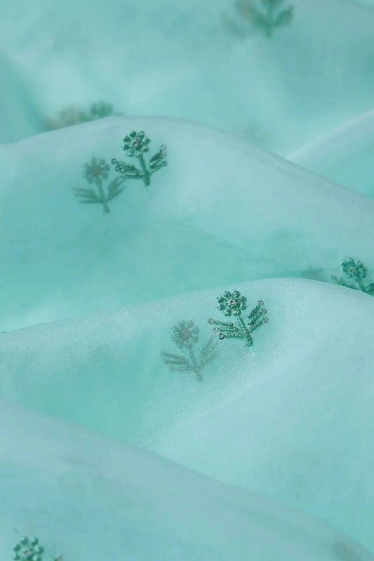 Sea Green Thread With Sequins Beautiful Small Floral Motif Embroidery Work On Sea Green Organza Fabric