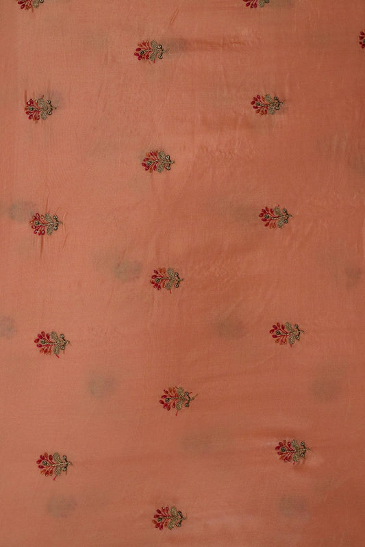 Sequins and Zari Work with Floral Embroidery On Peach Uppada Silk Fabric