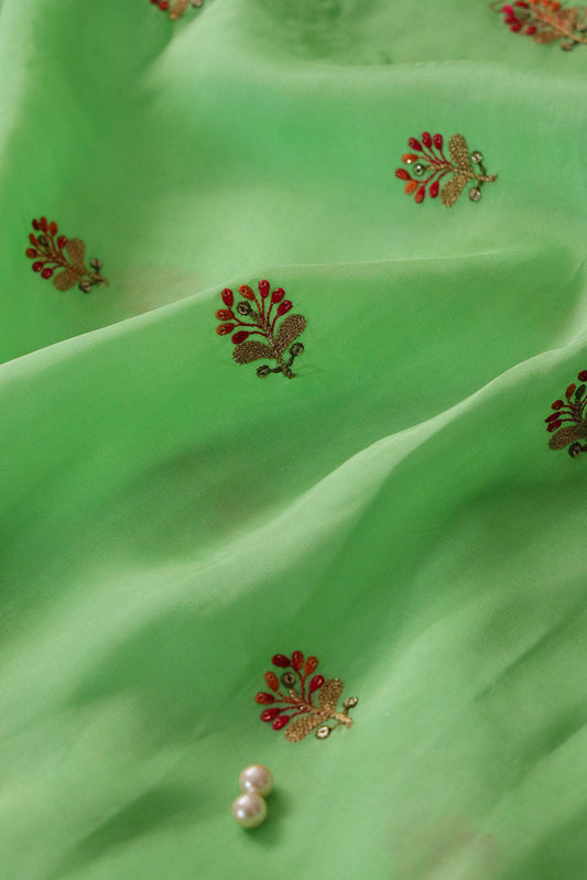 Sequins and Zari Work with Floral Embroidery On Pista Uppada Silk Fabric