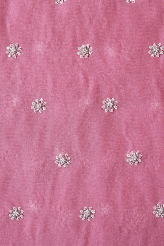 Silver Beads With Sequins Small Floral Handwork Embroidery On Thulian Pink Viscose Georgette Fabric