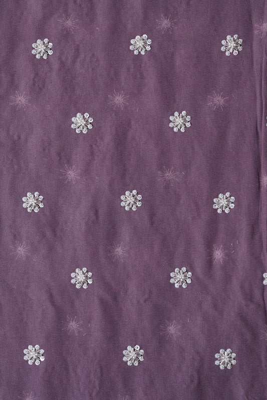 Silver Beads With Sequins Small Floral Handwork Embroidery On Viola Purple Viscose Georgette Fabric
