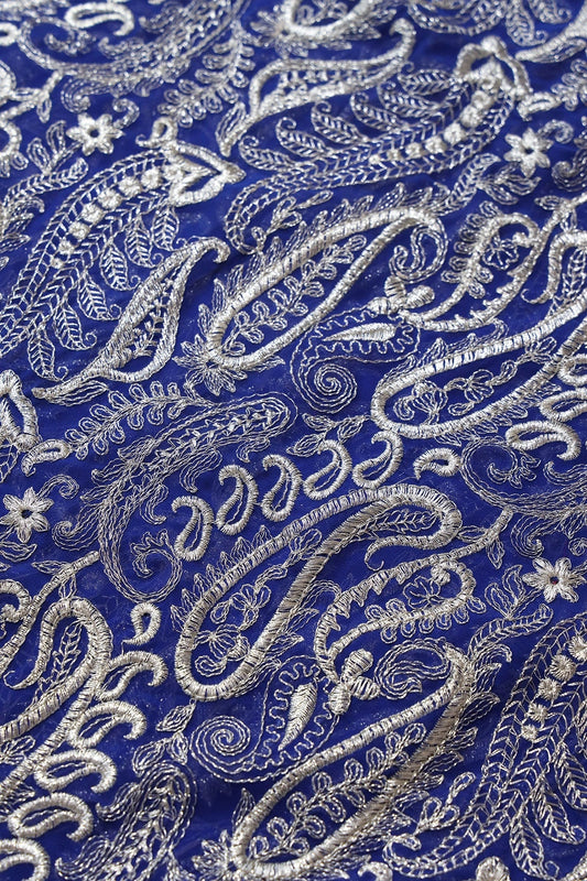 Silver Zari Heavy Paisley Embroidery On Royal Blue Georgette Fabric