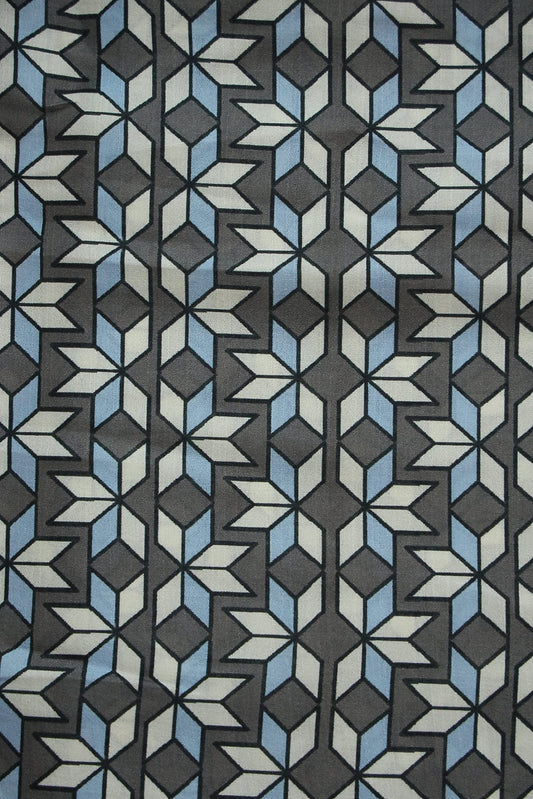 Sky Blue and Grey Geometric Digital Print on Tussar Satin Fabric