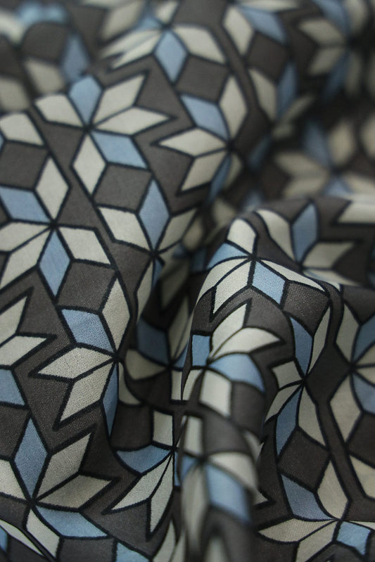 Sky Blue and Grey Geometric Digital Print on Tussar Satin Fabric