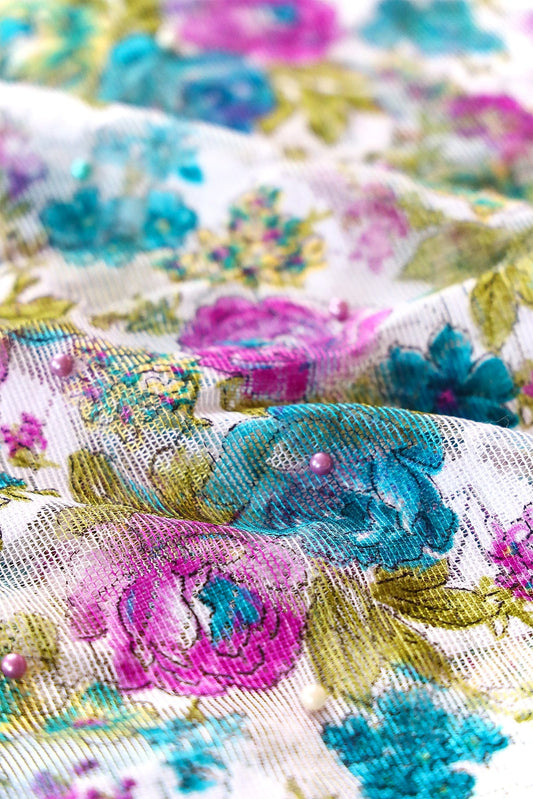 Sky Blue And Rani Floral Digital Print With Pearls On Net Fabric