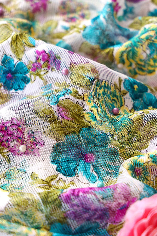 Sky Blue And Rani Floral Digital Print With Pearls On Net Fabric