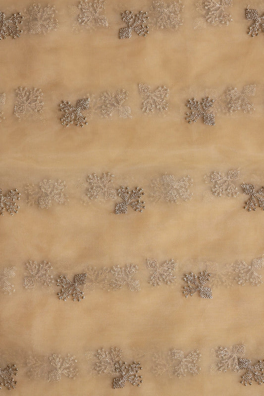 Small Gold Glitter Sequins With Zari Floral Embroidery On Beige Soft Net Fabric