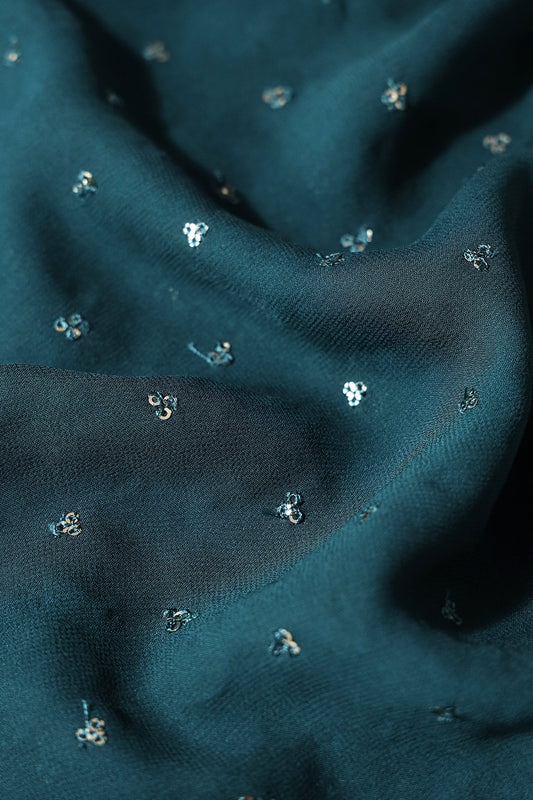 Small Motif Sequins Embroidery On Prussian Blue Viscose Georgette Fabric