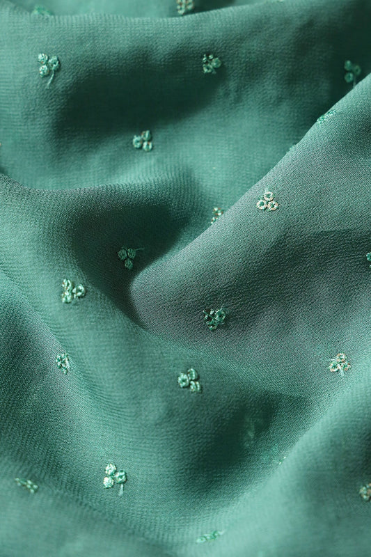Small Motif Sequins Embroidery On Teal Viscose Georgette Fabric