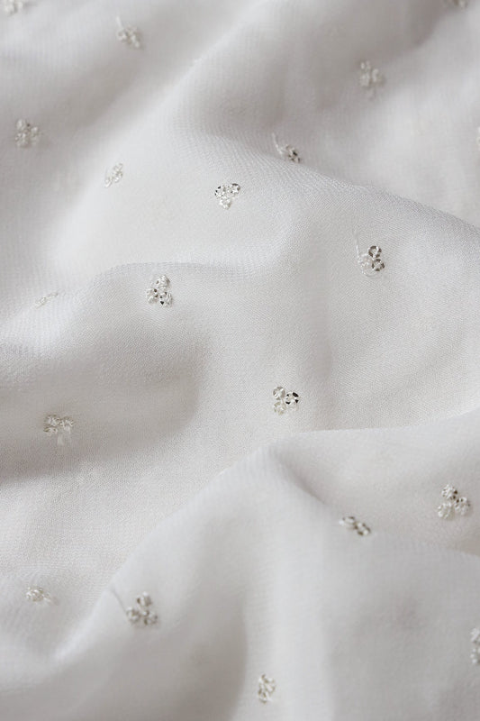 Small Motif Sequins Embroidery On White Dyeable Viscose Georgette Fabric